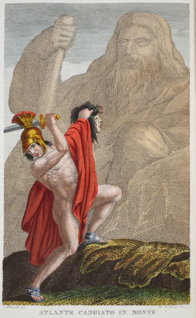 Atlas in een Berg of Atlante Cangiato in Monte, Boek IV, illustratie uit Ovidius